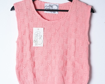 90s pastel pink knitted crop top / Vintage small sweater vest /handmade cotton crochet sleeveless pullover