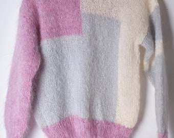 80s pastel colors pullover/Vintage mohair jumper/handmade light pullover/pastel colours cropped light sweater