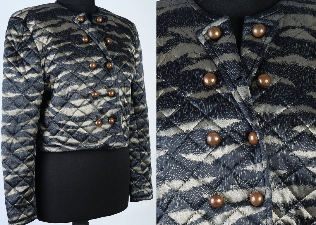 Y2k Quilted Short Jacket. Vintage Doublebreasted Quilted Black and Gold Bomber Jacket From the