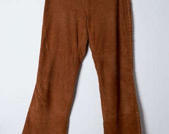 Y2K Bronze Suede Bell Bottom Pants - Slim Fit, Vintage Boho Trousers
