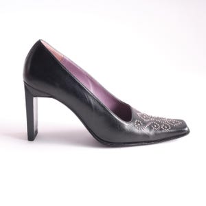 Y2K square-toe pumps/ Vintage black western pattern pumps/boho black heels