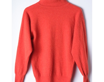 90s red orange turtleneck vintage wool pullover jumper fisherman sweater minimalist red wool turtleneck