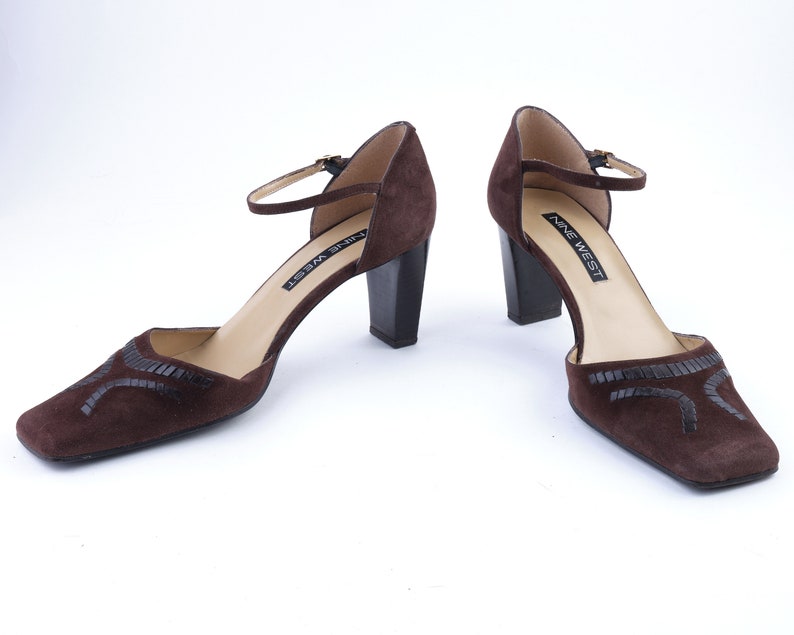 2000s square toe Mary Jane heels. Y2K Nine West nubuck leather pumps. Vintage luxury square block pumps. Size EU 41 image 3