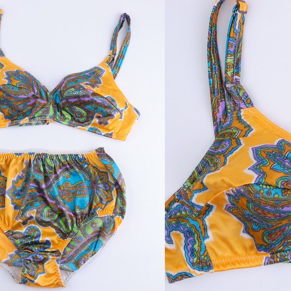 70s  Flower Power bikini two-piece swimsuit. Trippy 70s swimsuit. Vintage paisley pattern bikini swimsuit. Size -  UK 12 / EU 40, Bra B cup