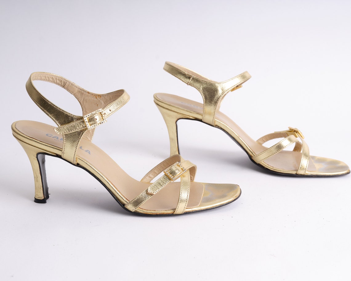 2000s Carvella Kitten Heel Sandals. Y2k Gold Strappy Sandals. | Etsy