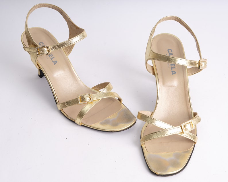 2000s Carvella Kitten Heel Sandals. Y2k Gold Strappy Sandals. - Etsy