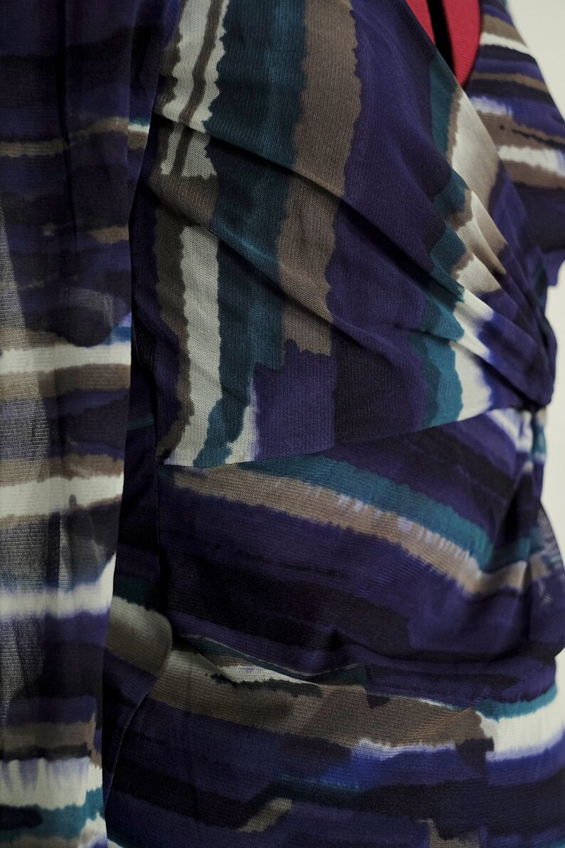 creases vintage 90s colourfull blouse colorful mesh pleat at the neckline tulle blouse