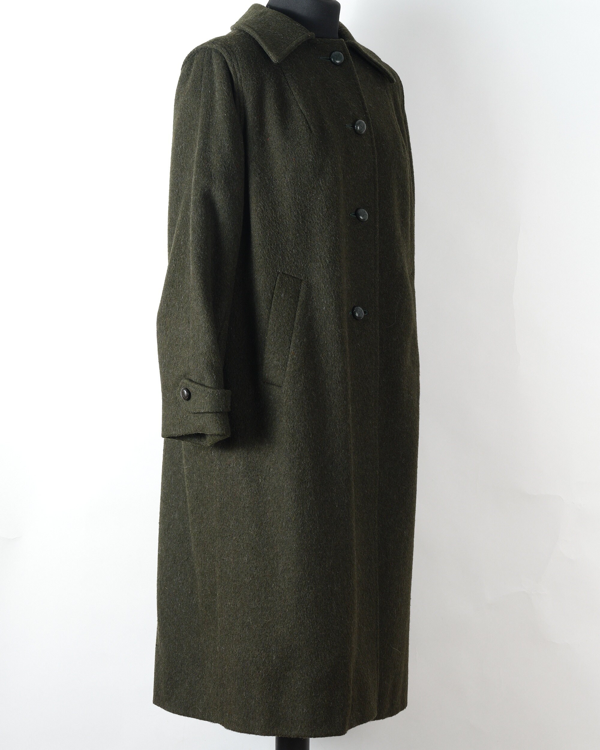 70s Green Military Wool Coat. Vintage Long Wool Coat With Cute