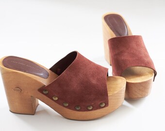 Hippie wood and leather platform 6-7 boho sandals wooden platform leather sandals brown leather