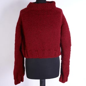 handmade burgundy sweater/short red sweater/hand-knitted wool sweater/minimalist burgundy red handknitted sweater/mock neck wool jumper/