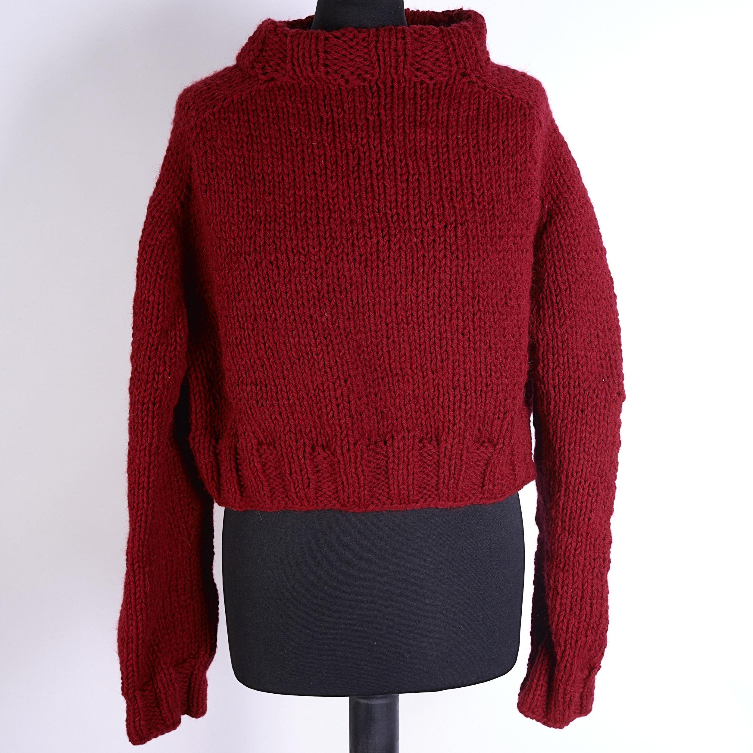 handmade burgundy sweater/short red sweater/hand-knitted wool sweater/minimalist burgundy red handknitted sweater/mock neck wool jumper/