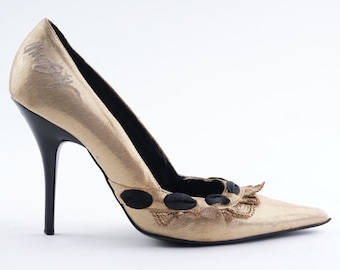 2000s Miss Sixty pointed high stiletto heels. Y2K Vintage cocktail party gold high pumps. Size EU 36