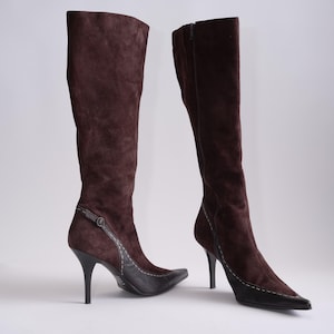 Y2K stiletto pointy boots/Vintage high-knee boots/ brown nubuck leather boots