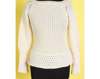 90s hand-knitted crochet sweater vinatge y2k cream crop wool sweater boat neckline sweater