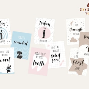 Cartes d'étape pour bébé (www.littlepinetoys.com) bleu rose neutre allemand anglais slovène faire-part nouveau-né impression babyshower garçon fille