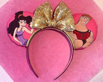Hand made custom Hercules and Megara mouse ear headband