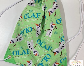 Hand made Fabric drawstring bag, Disney Frozen fever spring themed Olaf snowman backpack