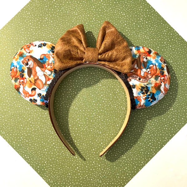 Hand made custom Fox and the hound copper and Todd mouse ears headband
