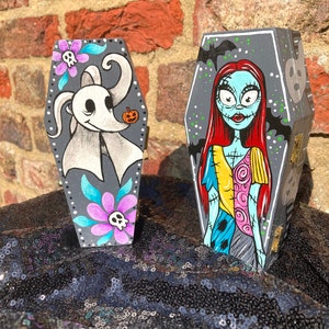 Hand painted custom coffin trinket boxes inspired by Sally and zero The nightmare before Christmas