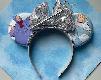 Hand made Cinderella and The fairy godmother mouse ears headband