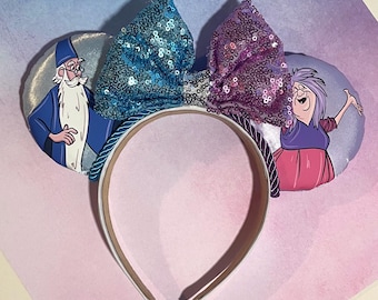 Hand made custom Sword in the stone, Madam mim and Merlin mouse ears headband