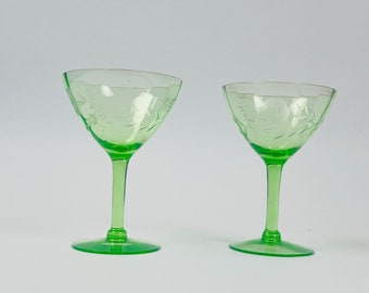 Vintage Vaseline Set Of 2 Cocktail 5" Glasses Uranium Glass Depression Vintage
