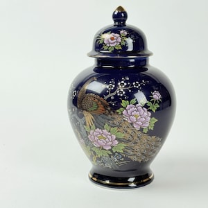 Hand Painted Porcelain Ginger Jar & Lid With Peacock  Floral Design Japan