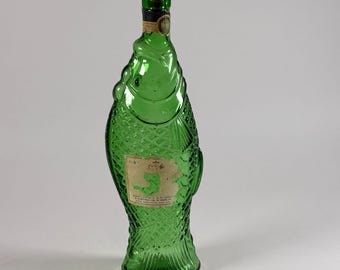 Vintage Green Glass Fish Bottle Italia w/Cork Stopper Embossed Design Decorative