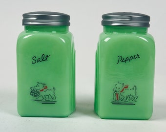 Jadeite Green Depression Glass Salt & Pepper Shakers Scotty Dog Design