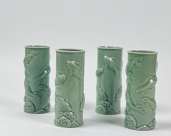Vintage 4 Chinese Celadon Koi Fish Cylinder Vase 6.5" Green Porcelain Glaze