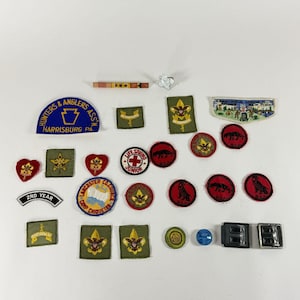 May include: A collection of assorted embroidered scout patches, pins, and badges in various shapes and colors. The items feature diverse emblems, including animal silhouettes, text, and symbols, arranged on a plain surface for display and identification.