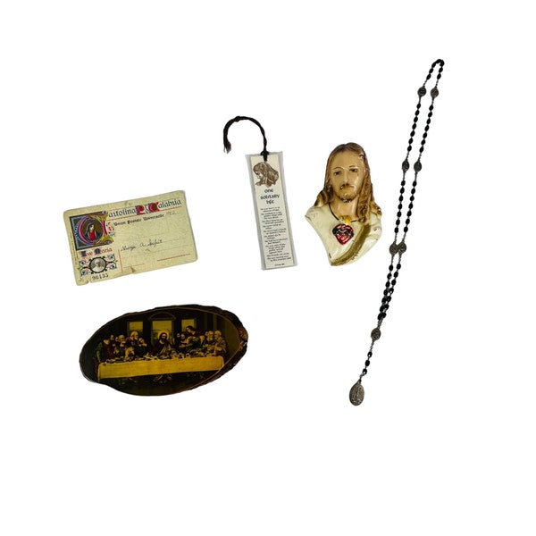 Religious lot of 5 Collectible Items Book Marker, 2 Wall Plaques, Postcard & Rosaries