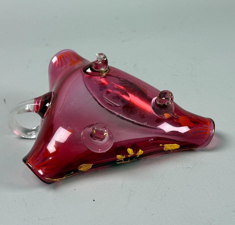 Vintage Hand Blown Art Glass Cranberry Yellow Curved MCM Decor Dish Bowl image 2