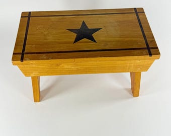 Rustic Wood Stool W/ Black Star Design Rectangular Stool Country Farmhouse Decor