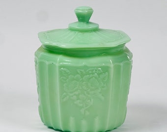 Jade Green Glass 7.5" Cookie Jar With Floral Pattern w/Lid