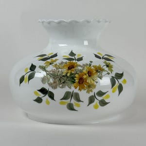 Milk Glass Hurricane Lamp Shade 10.5&quot; Fetter Ring Hand Painted Sunflowers GWTW Parlor Light Globe Ruffled Top Replacement Shade