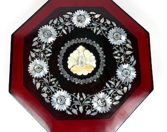 Octagonal Mother Of Pearl Inlaid Red Lacquer Box With Compartments Functional Elegance