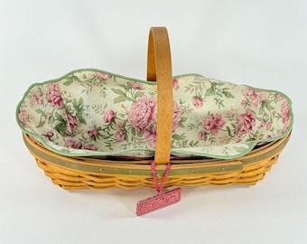 Vintage Longaberger 2001 Peony Basket Fabric Liner Plastic Liner Ceramic Dangle