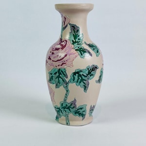 Home Ceramic 1980&#39;s Hand Painted Floral Motif 14.5&quot; Vase Elegant Home Decor Accent