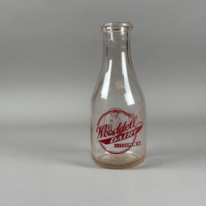 Vintage Wooddell Dairy Glass Milk Bottle 1 Pint Red Graphics Granville NY