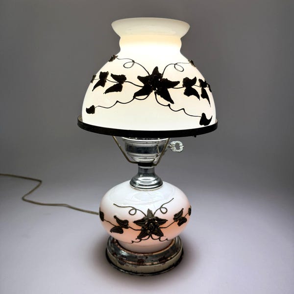 Vintage Falkenstein Brass Flower Design Lamp Milk Glass Dual Light 14 Inch