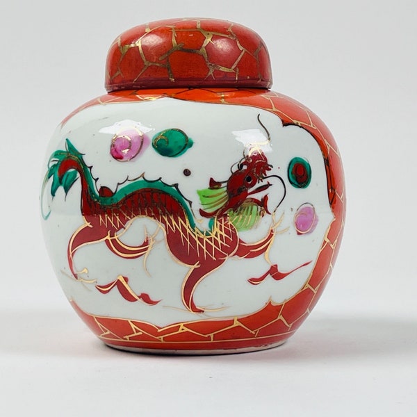 Vintage Dragon and Phoenix Hand Painted 5" Ginger Jar