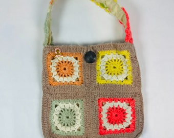 Vintage Handmade 70's Style Crocheted Multi Colored Granny Square Tote Bag Handbag