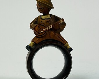 Vintage Replacement ANRI Carved Wooden Bobblehead 4" Napkin Rings Holders Italy