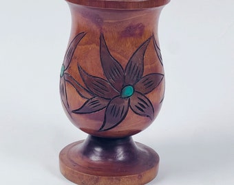 Handmade Turned Wood Carved Floral Designed 9.5" Wood Vase