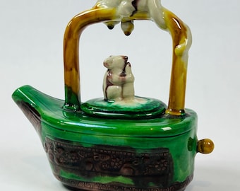 Royal Doulton Cat & Mouse Teapot Green Brown Minton Style Ceramic Animal Collectible Vintage Reproduction UK Pottery No Box