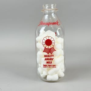 Vintage Densupreme Glass Milk Bottle W Red Quality Print 10.5&quot; Dairy Advertising