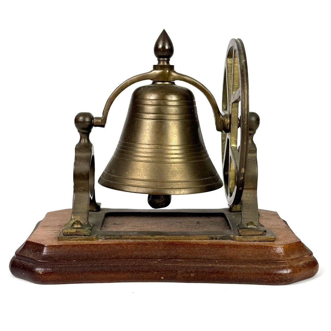 Vintage Brass Ship's Bell: Wood Base & Pulley Wheel - Collectible Decor ...