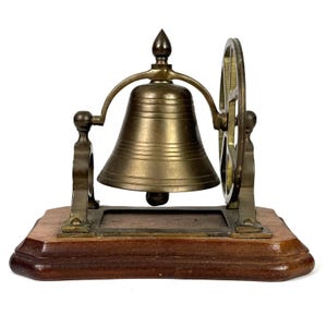 Vintage Brass Ship&#39;s Bell Mount & Pulley Wheel Desk Bell Wood Base Collectible Vintage gift Vintage Collectable Man Cave Decor