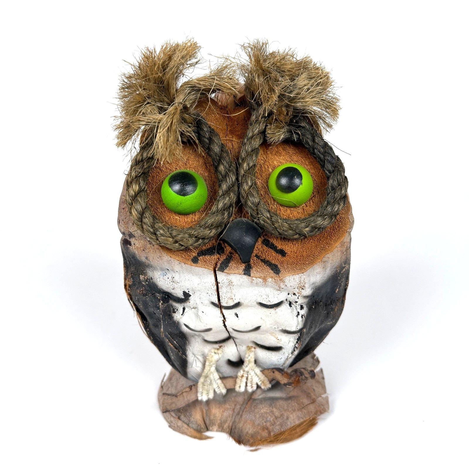 Coconut Owl Figurine: Handcrafted Rustic Decor with Green Eyes